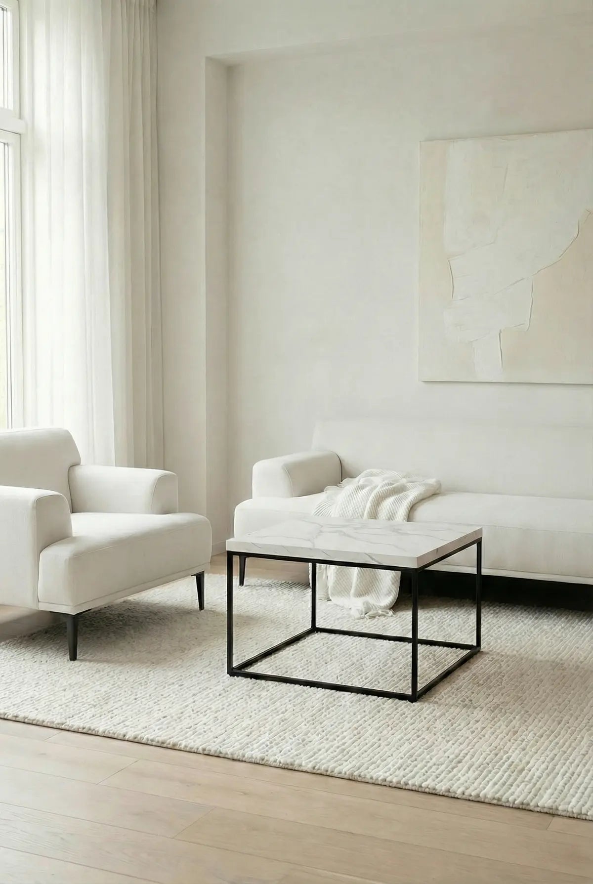 Soren Coffee Table – White Marble Effect & Black Base