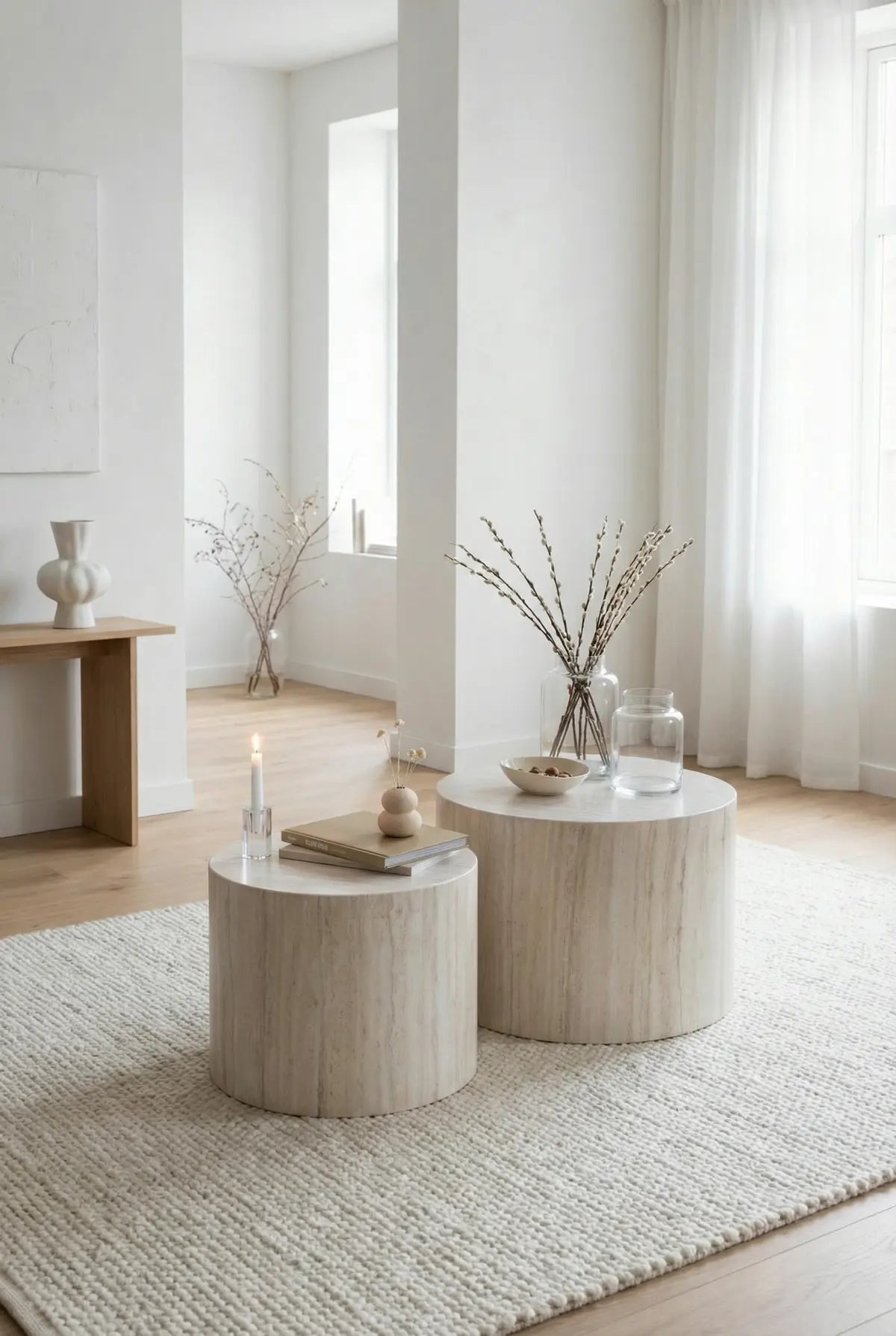 Elva Round Coffee Table Set – Light Travertine Effect (Set of 2)