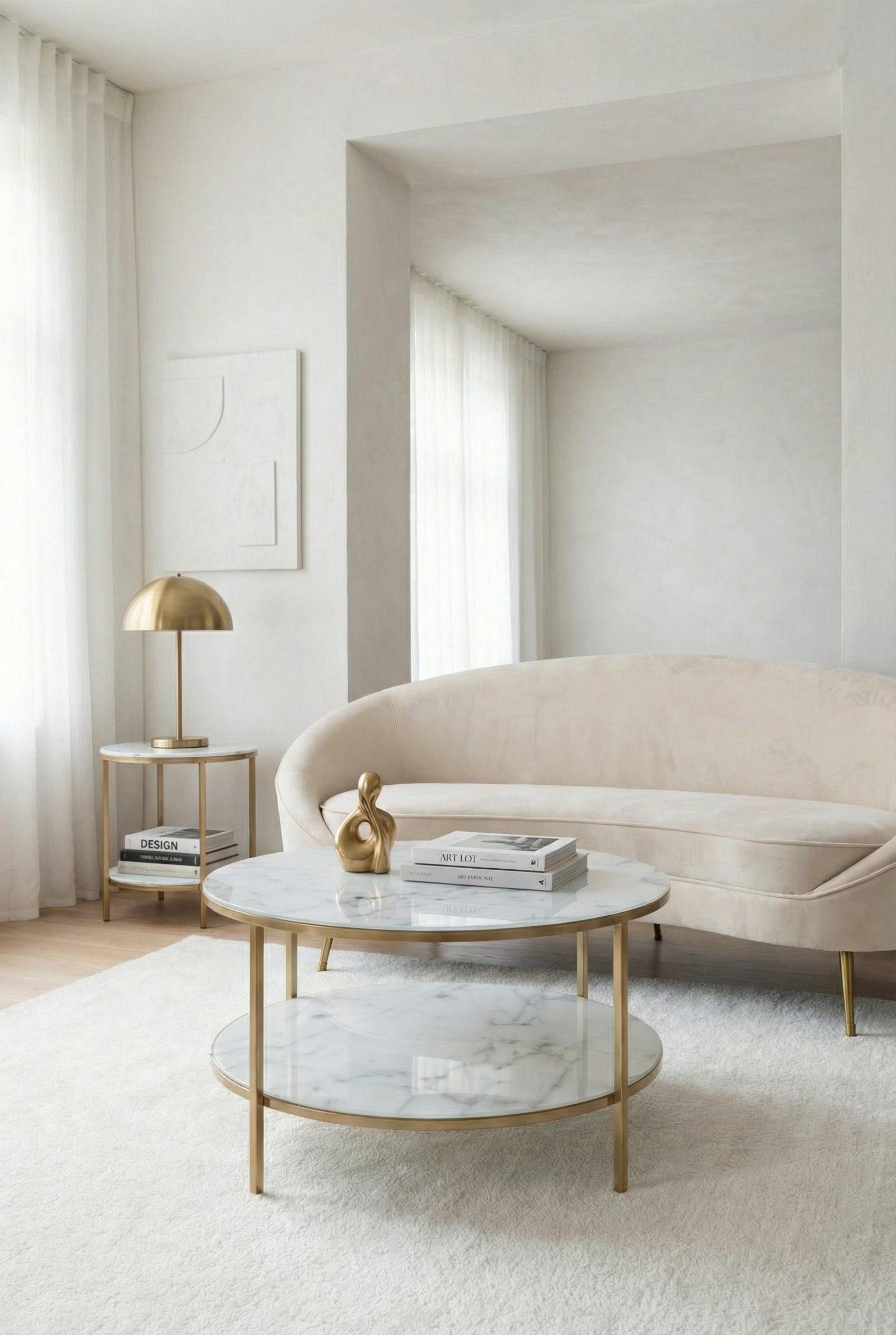 Vela Coffee Table – Marble-Look Glass Top & Gold Base