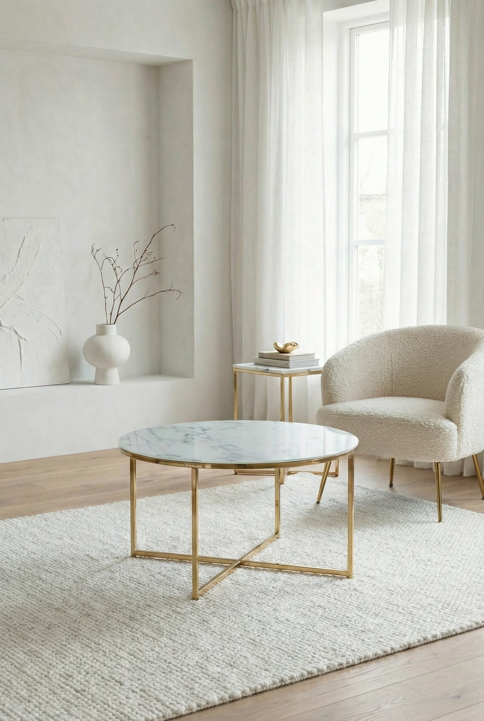Vela Coffee Table – Marble-Look Glass Top & Gold Base