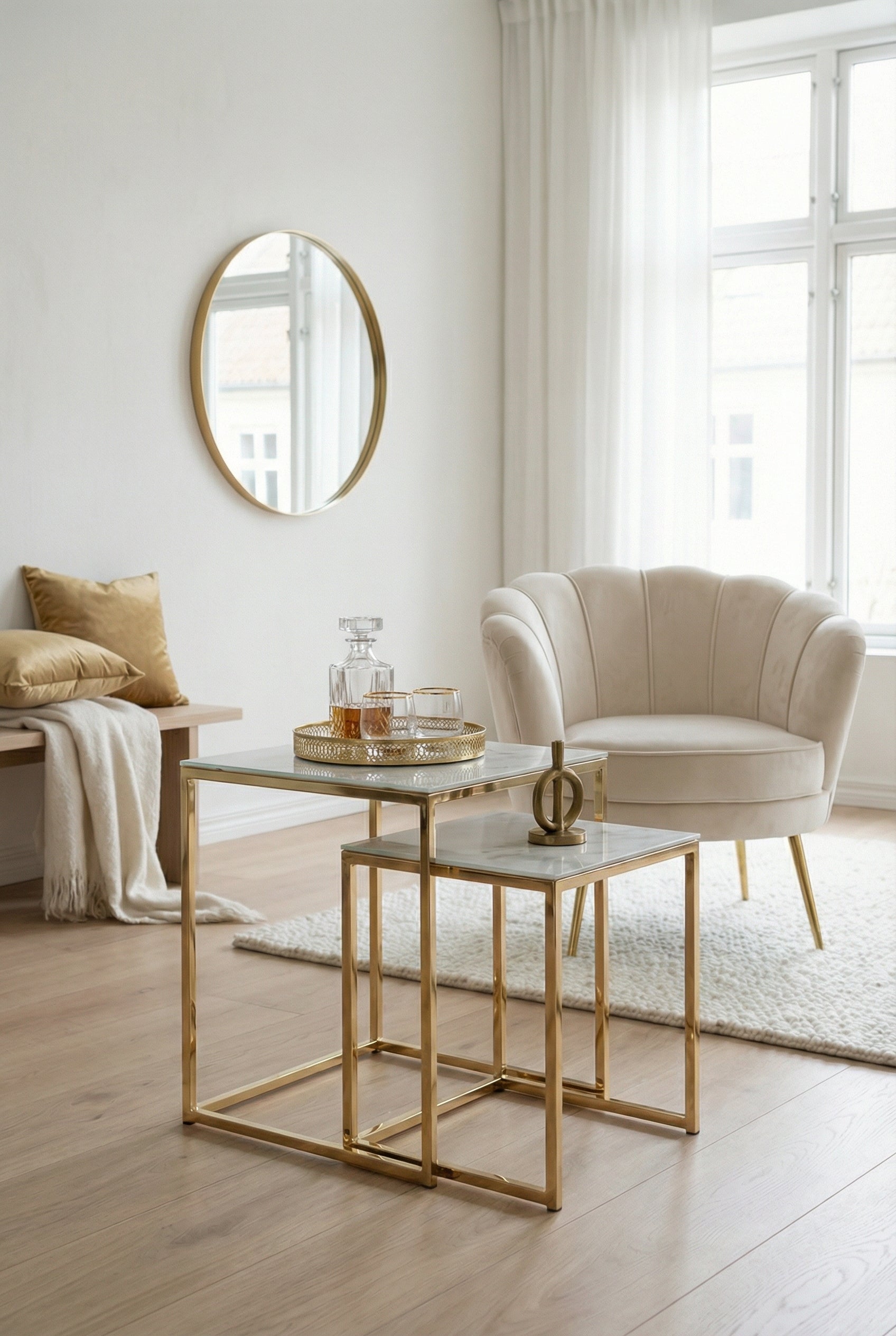 Vela Nest of Tables – White Marble-Look Glass Tops & Gold Base (Set of 2)