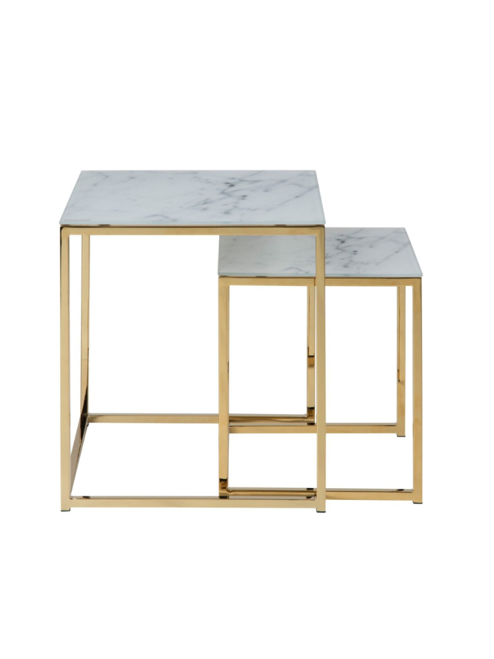 Vela Nest of Tables – White Marble-Look Glass Tops & Gold Base (Set of 2)